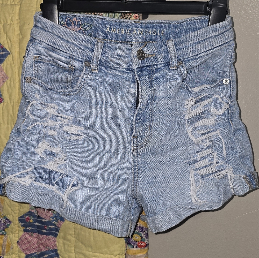 American Eagle Outfitters Light Blue Distressed Jean Shorts With Embroidery